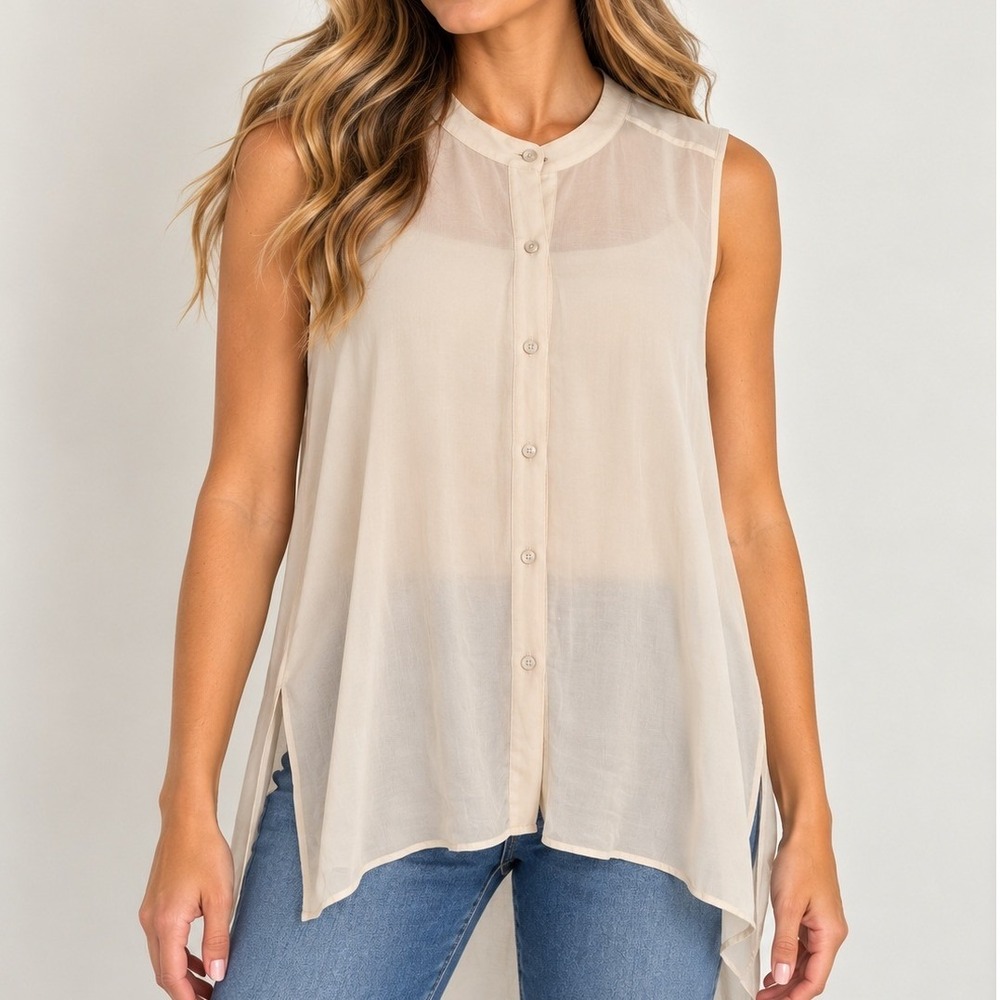 Eileen Fisher Silk Sheer Sleeveless Button Down Blouse Quiet Luxury Old Money